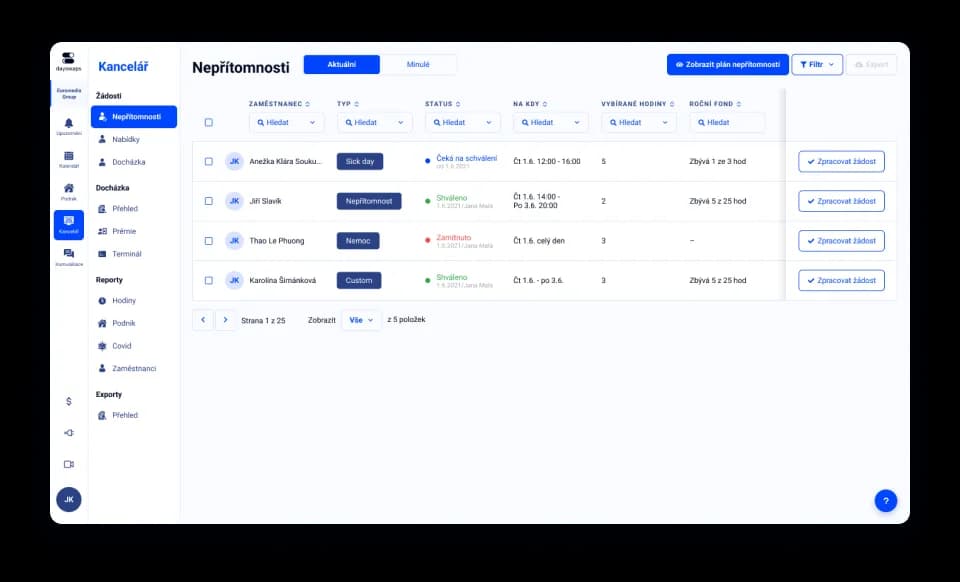 Absence table with request statuses and a button to show the plan in a calendar