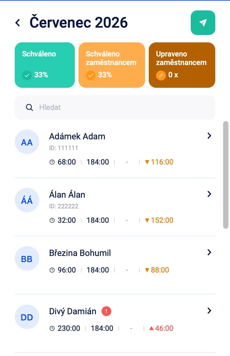 Attendance module in the mobile app showing approved hours