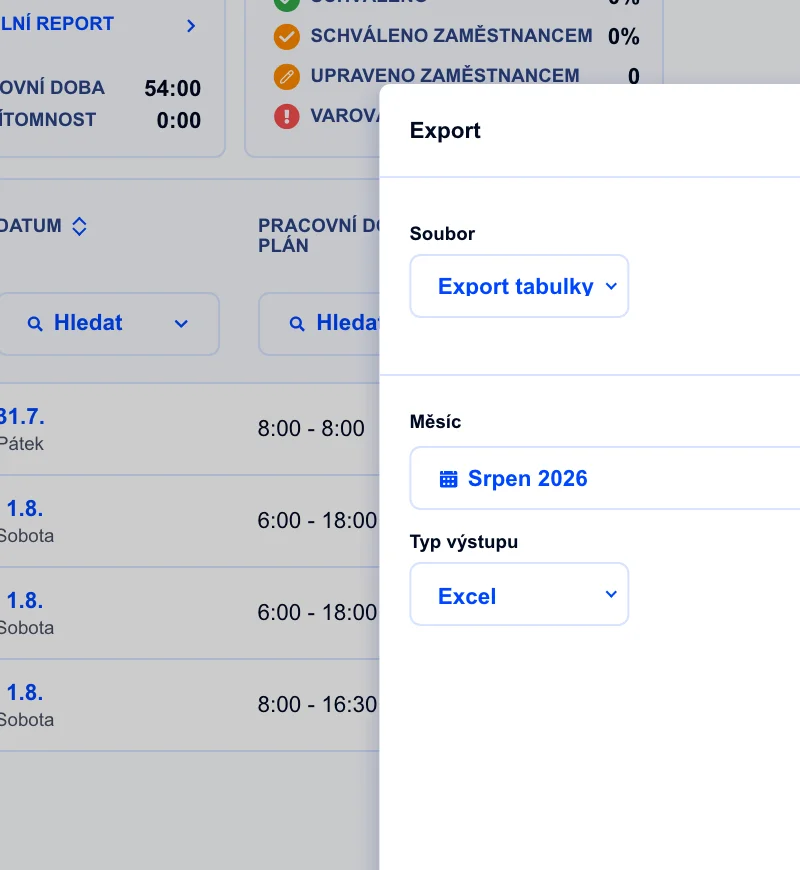 Dialog exportu docházky pro mzdy