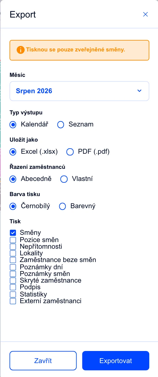 Dialog exportu rozvrhu do Excelu a PDF